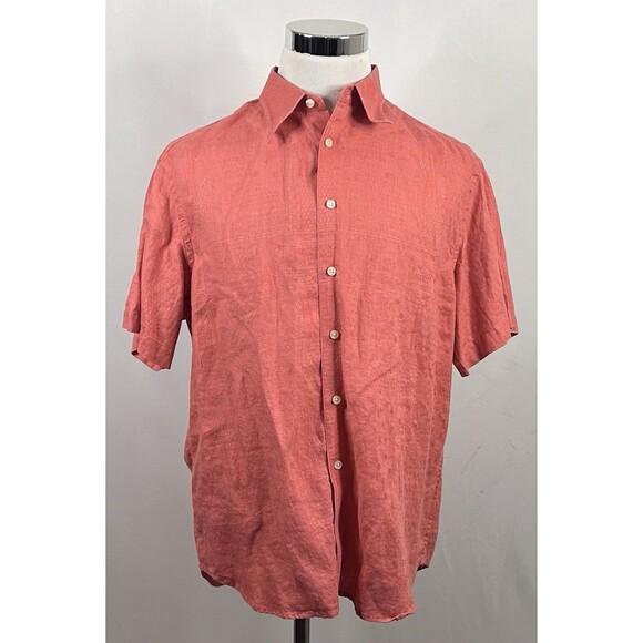 R&G Robert Graham Large 100% Linen Shirt Short Sleeve Geometric Embroidered Pink - Picture 2 of 4